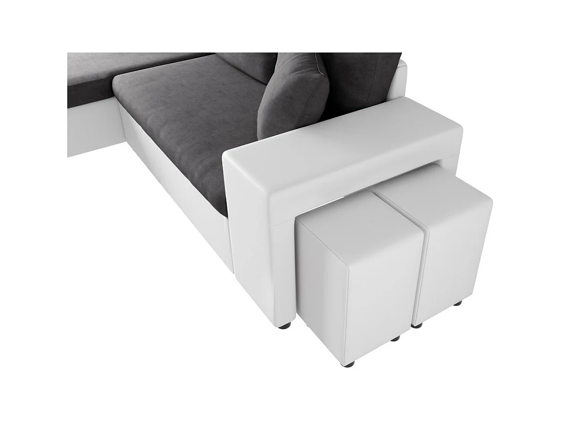 Canapé d'angle 3 places réversible Oslo avec coffre et poufs droit en bi-matière - Blanc/Gris - L241 x P146 x H81cm - Loungitude