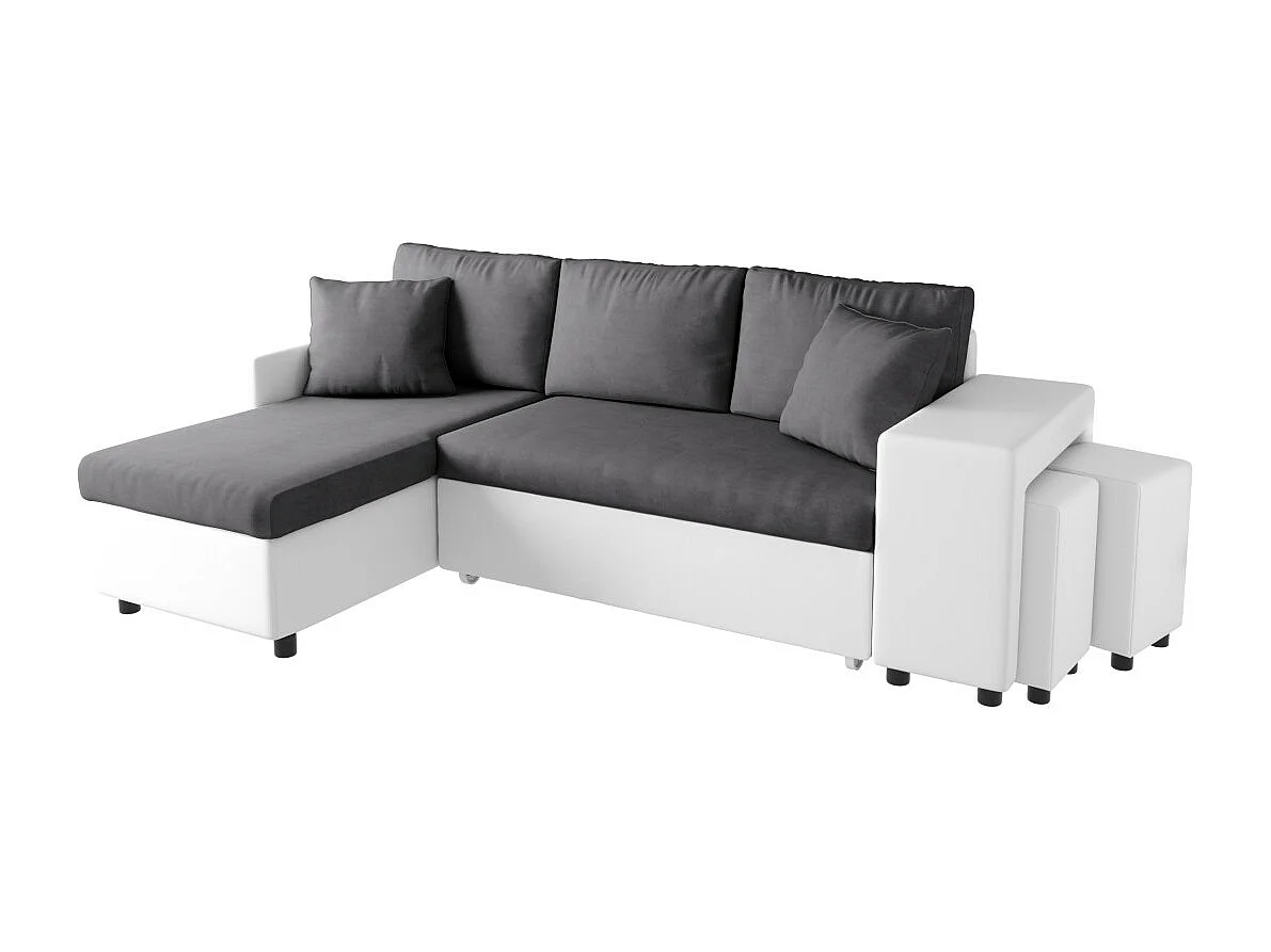 Canapé d'angle 3 places réversible Oslo avec coffre et poufs droit en bi-matière - Blanc/Gris - L241 x P146 x H81cm - Loungitude