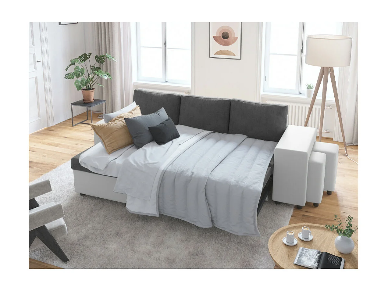 Canapé d'angle 3 places réversible Oslo avec coffre et poufs droit en bi-matière - Blanc/Gris - L241 x P146 x H81cm - Loungitude