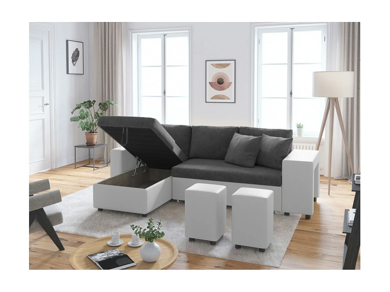 Canapé d'angle 3 places réversible Oslo avec coffre et poufs droit en bi-matière - Blanc/Gris - L241 x P146 x H81cm - Loungitude