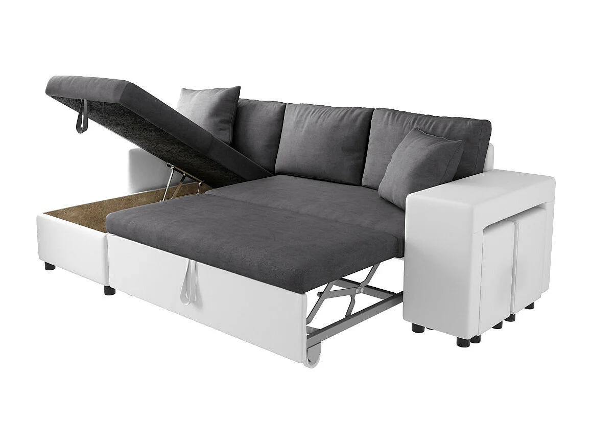 Canapé d'angle 3 places réversible Oslo avec coffre et poufs droit en bi-matière - Blanc/Gris - L241 x P146 x H81cm - Loungitude