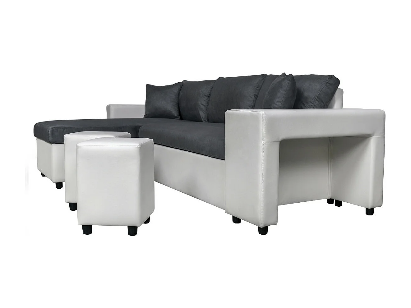 Canapé d'angle 3 places réversible Oslo avec coffre et poufs droit en bi-matière - Blanc/Gris - L241 x P146 x H81cm - Loungitude