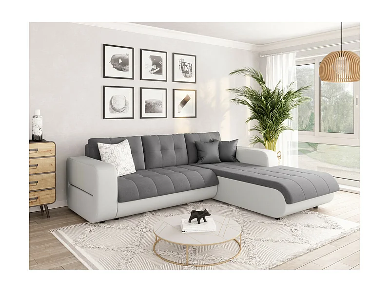 Canapé d'angle Droit 4 places Suzie Convertible en Simili et Microfibre - Blanc et Gris - L246 x 188 x 80cm - Loungitude