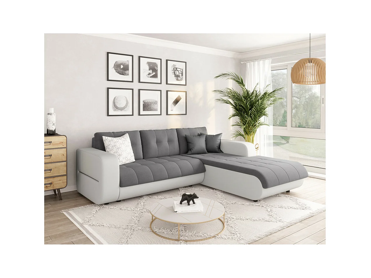 Canapé d'angle Droit 4 places Suzie Convertible en Simili et Microfibre - Blanc et Gris - L246 x 188 x 80cm - Loungitude