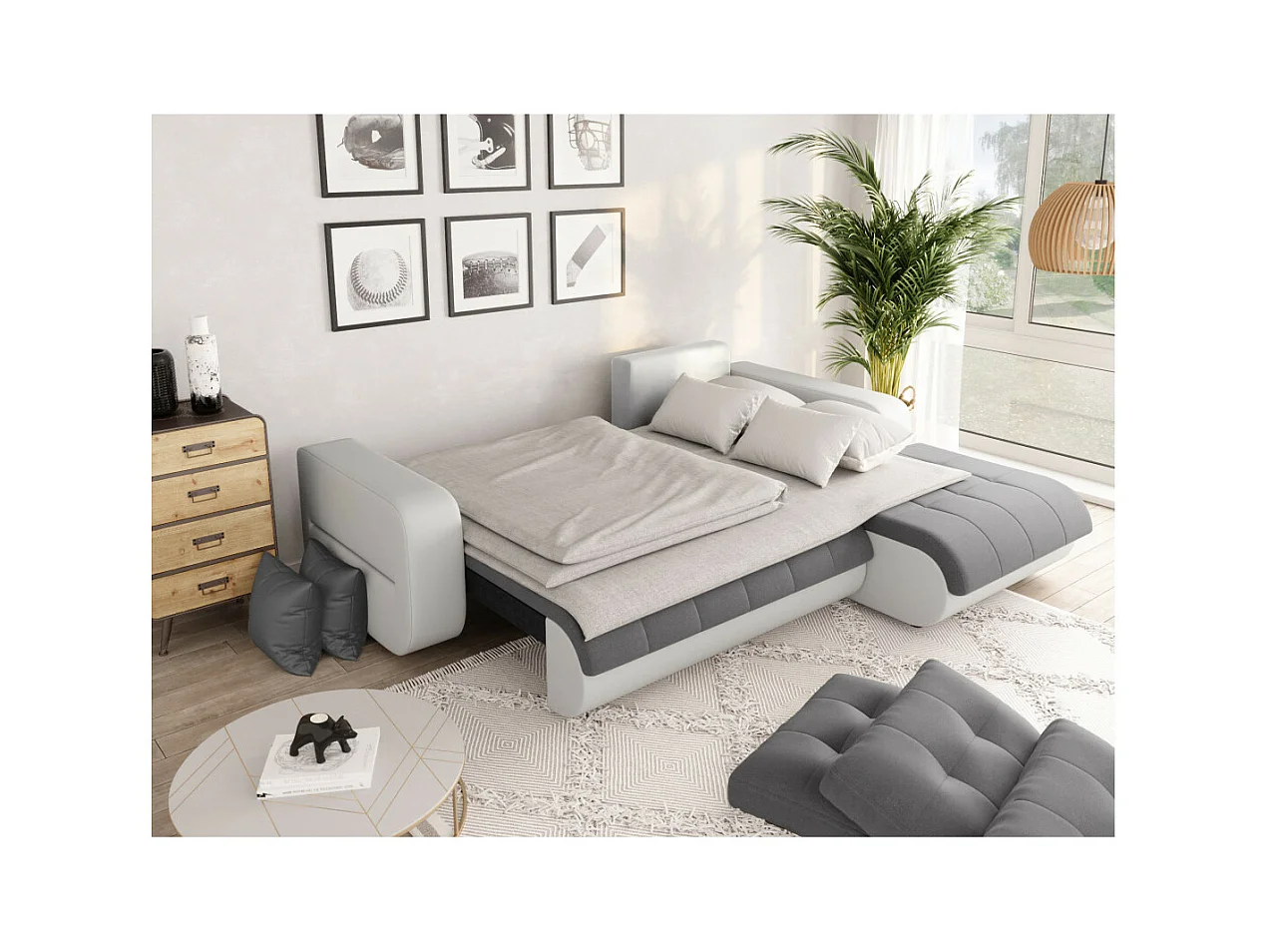 Canapé d'angle Droit 4 places Suzie Convertible en Simili et Microfibre - Blanc et Gris - L246 x 188 x 80cm - Loungitude