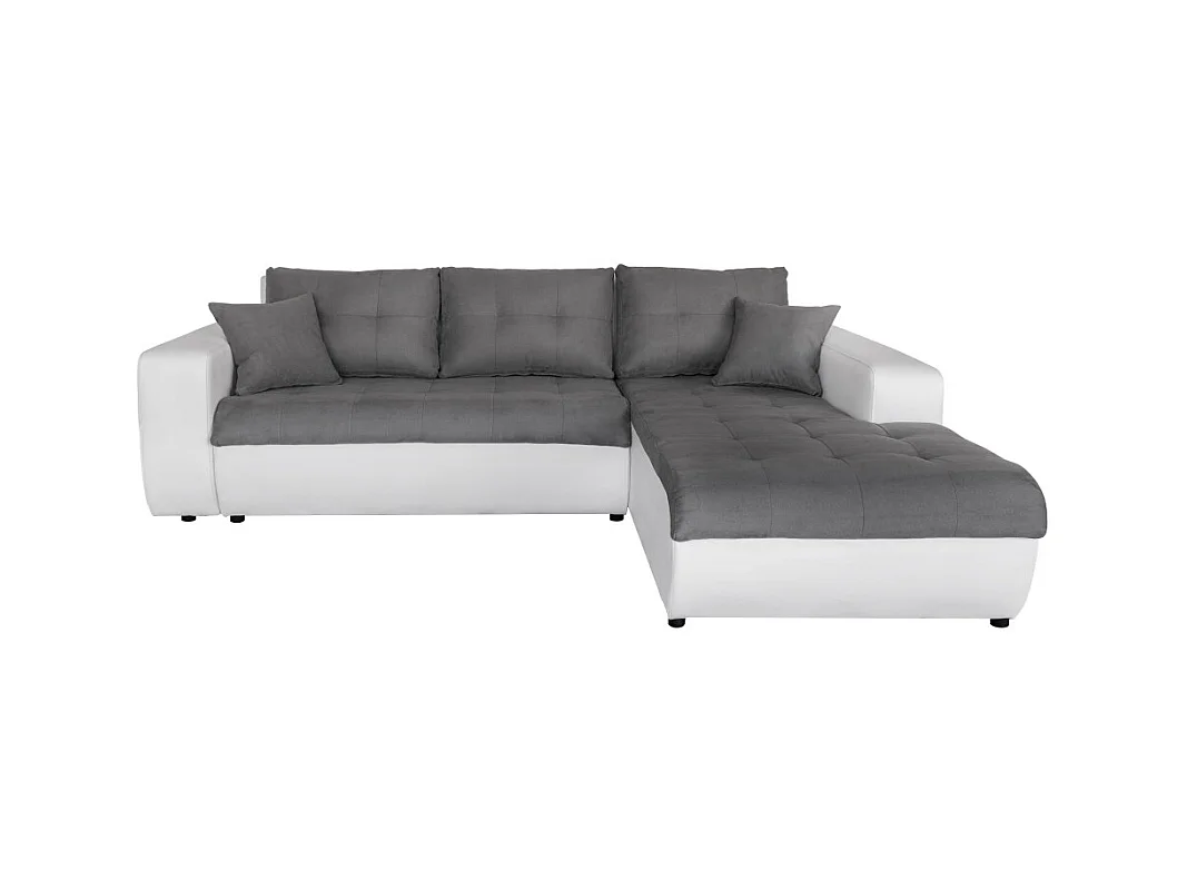Canapé d'angle Droit 4 places Suzie Convertible en Simili et Microfibre - Blanc et Gris - L246 x 188 x 80cm - Loungitude