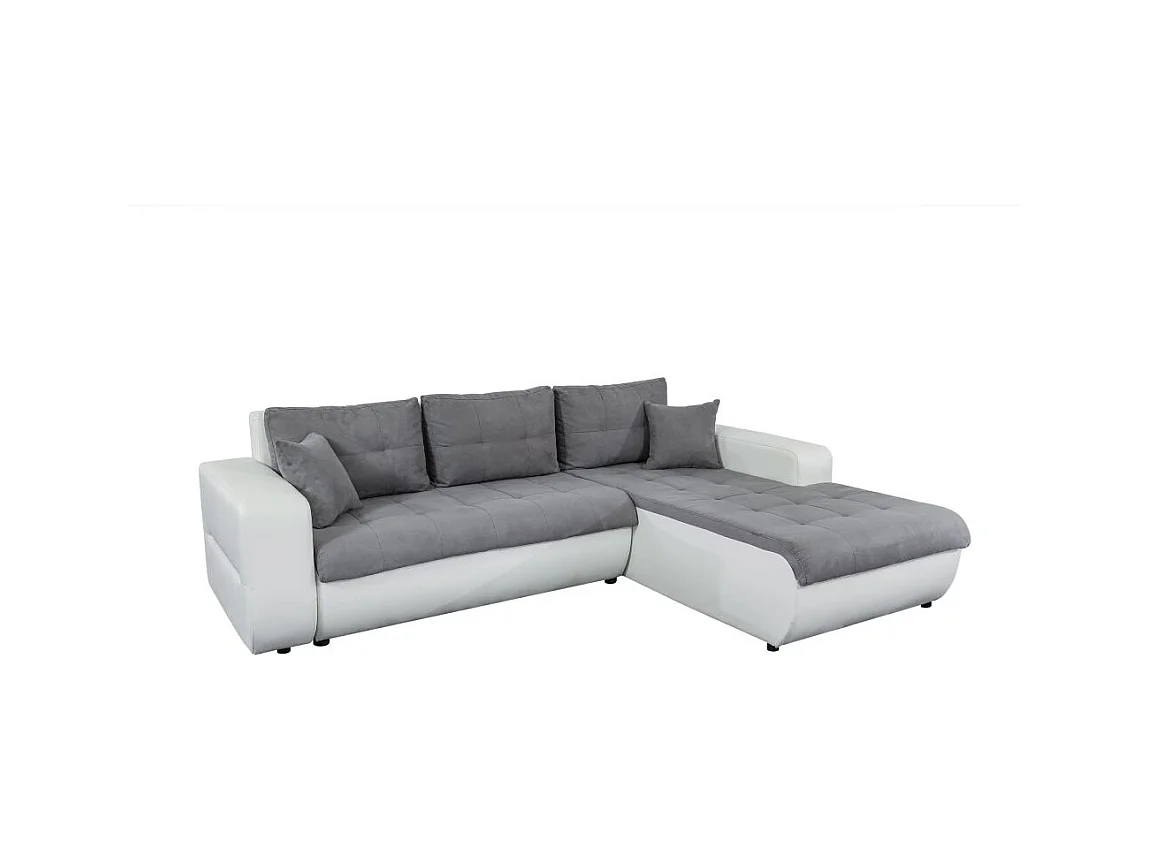 Canapé d'angle Droit 4 places Suzie Convertible en Simili et Microfibre - Blanc et Gris - L246 x 188 x 80cm - Loungitude