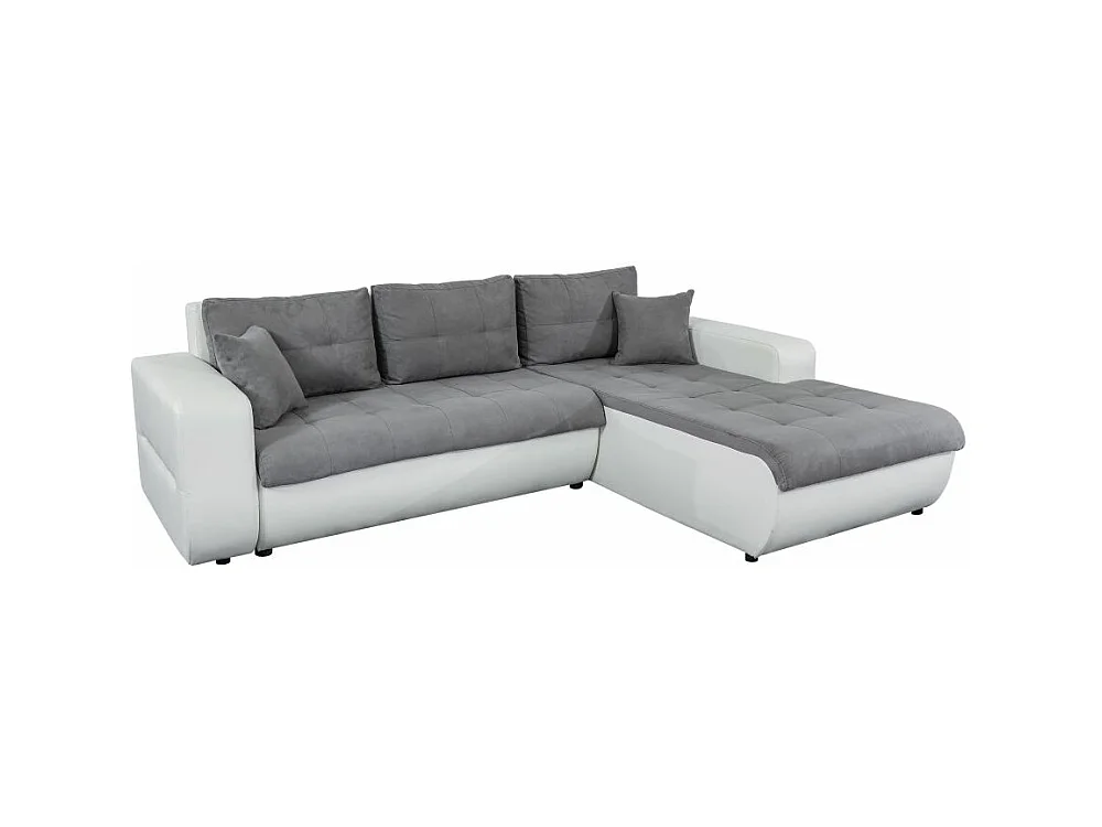 Canapé d'angle Droit 4 places Suzie Convertible en Simili et Microfibre - Blanc et Gris - L246 x 188 x 80cm - Loungitude