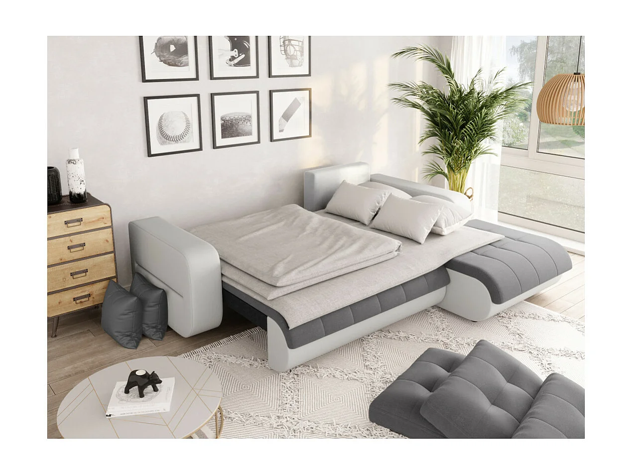 Canapé d'angle Droit 4 places Suzie convertible en Simili et Microfibre - Blanc et Gris - L246 x 188 x 80cm - Loungitude