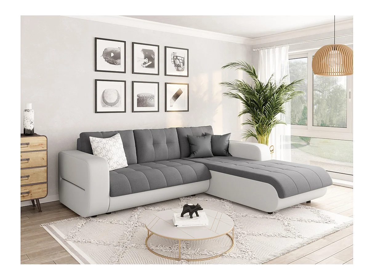 Canapé d'angle Droit 4 places Suzie convertible en Simili et Microfibre - Blanc et Gris - L246 x 188 x 80cm - Loungitude