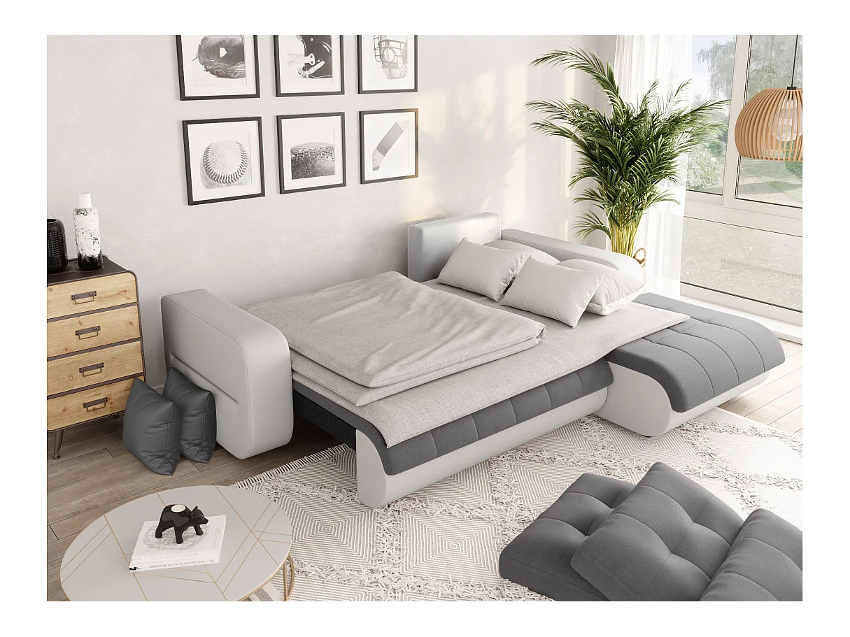 Canapé d'angle Droit 4 places Suzie convertible en Simili et Microfibre - Blanc et Gris - L246 x 188 x 80cm - Loungitude