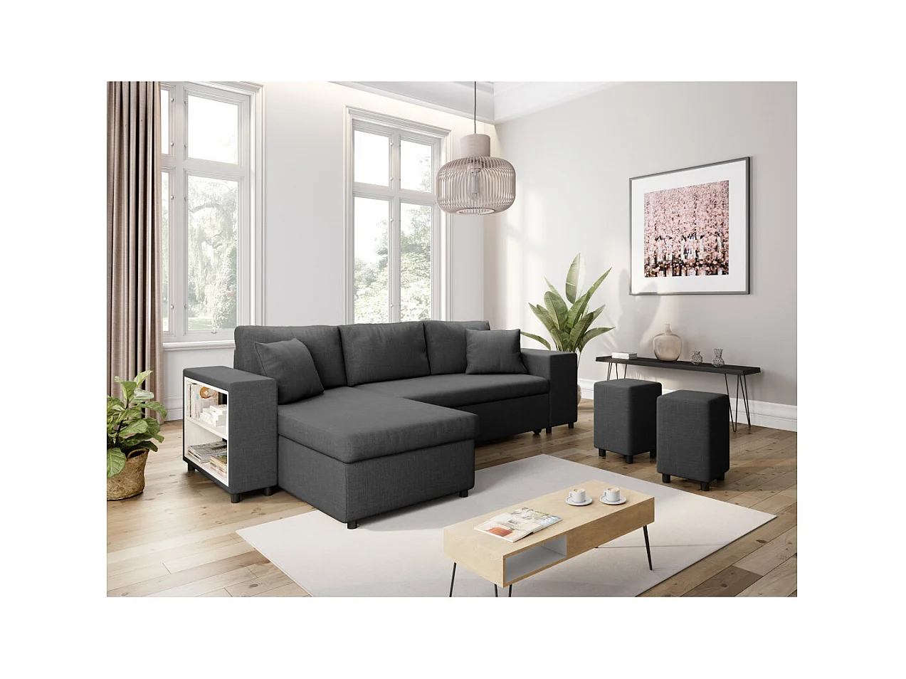 Canapé d'angle réversible Mady avec coffre accoudoir étagère et poufs droit en tissu- Gris anthracite - L254 x P146 x H81cm - Loungitude