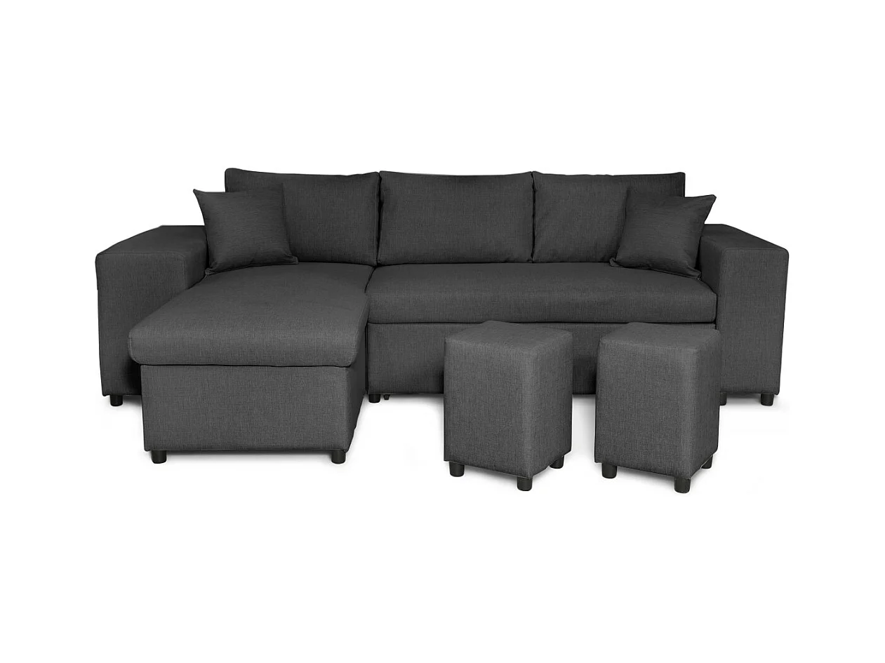 Canapé d'angle réversible Mady avec coffre accoudoir étagère et poufs droit en tissu- Gris anthracite - L254 x P146 x H81cm - Loungitude