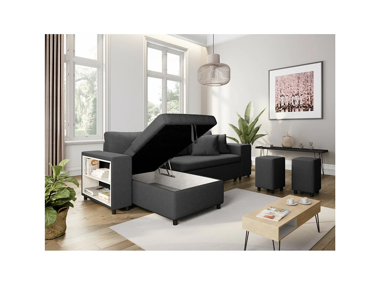 Canapé d'angle réversible Mady avec coffre accoudoir étagère et poufs droit en tissu- Gris anthracite - L254 x P146 x H81cm - Loungitude