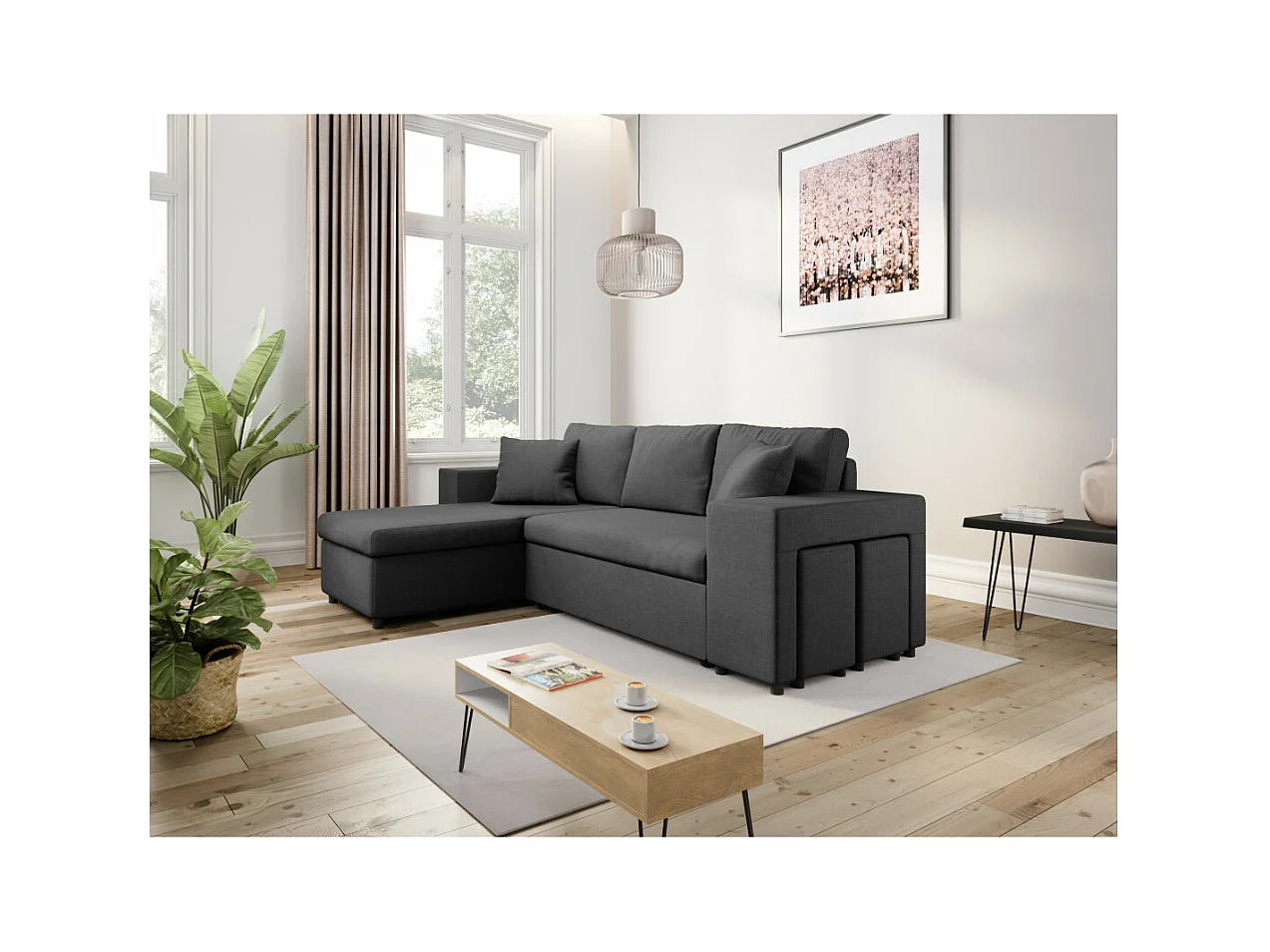 Canapé d'angle réversible Mady avec coffre accoudoir étagère et poufs droit en tissu- Gris anthracite - L254 x P146 x H81cm - Loungitude