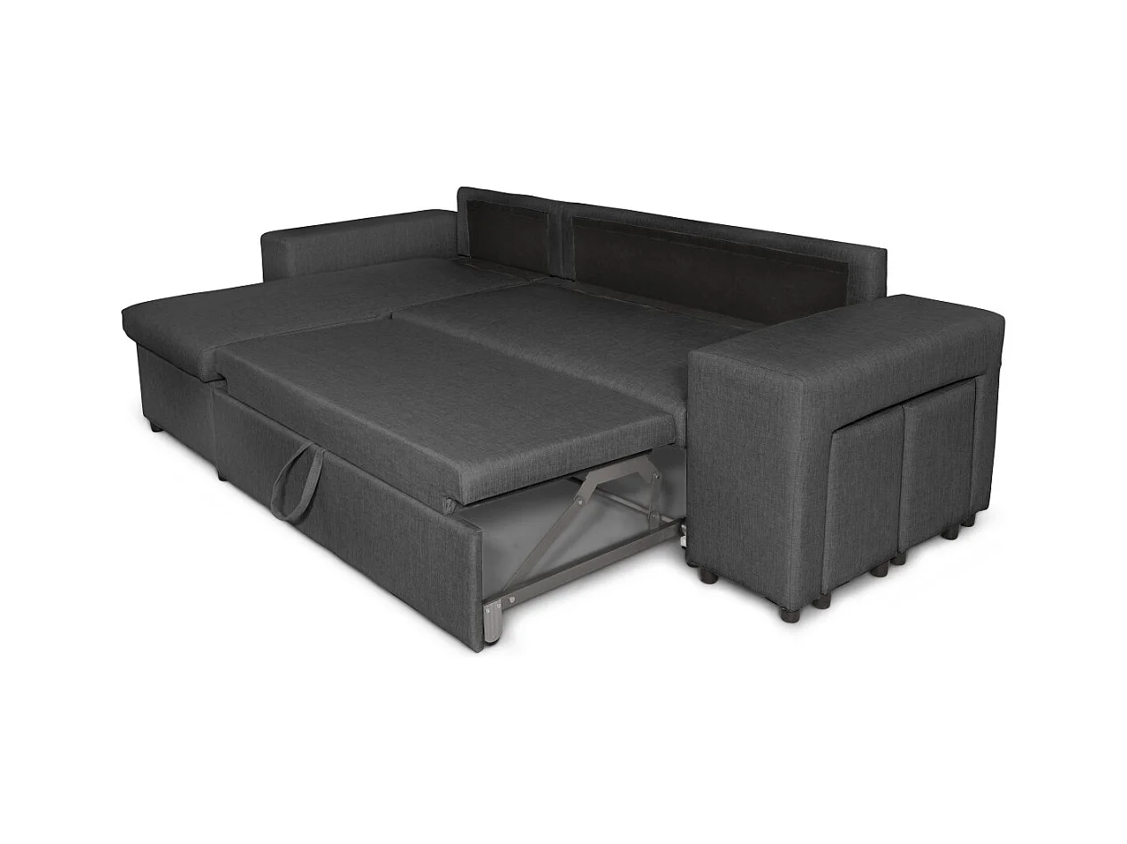 Canapé d'angle réversible Mady avec coffre accoudoir étagère et poufs droit en tissu- Gris anthracite - L254 x P146 x H81cm - Loungitude