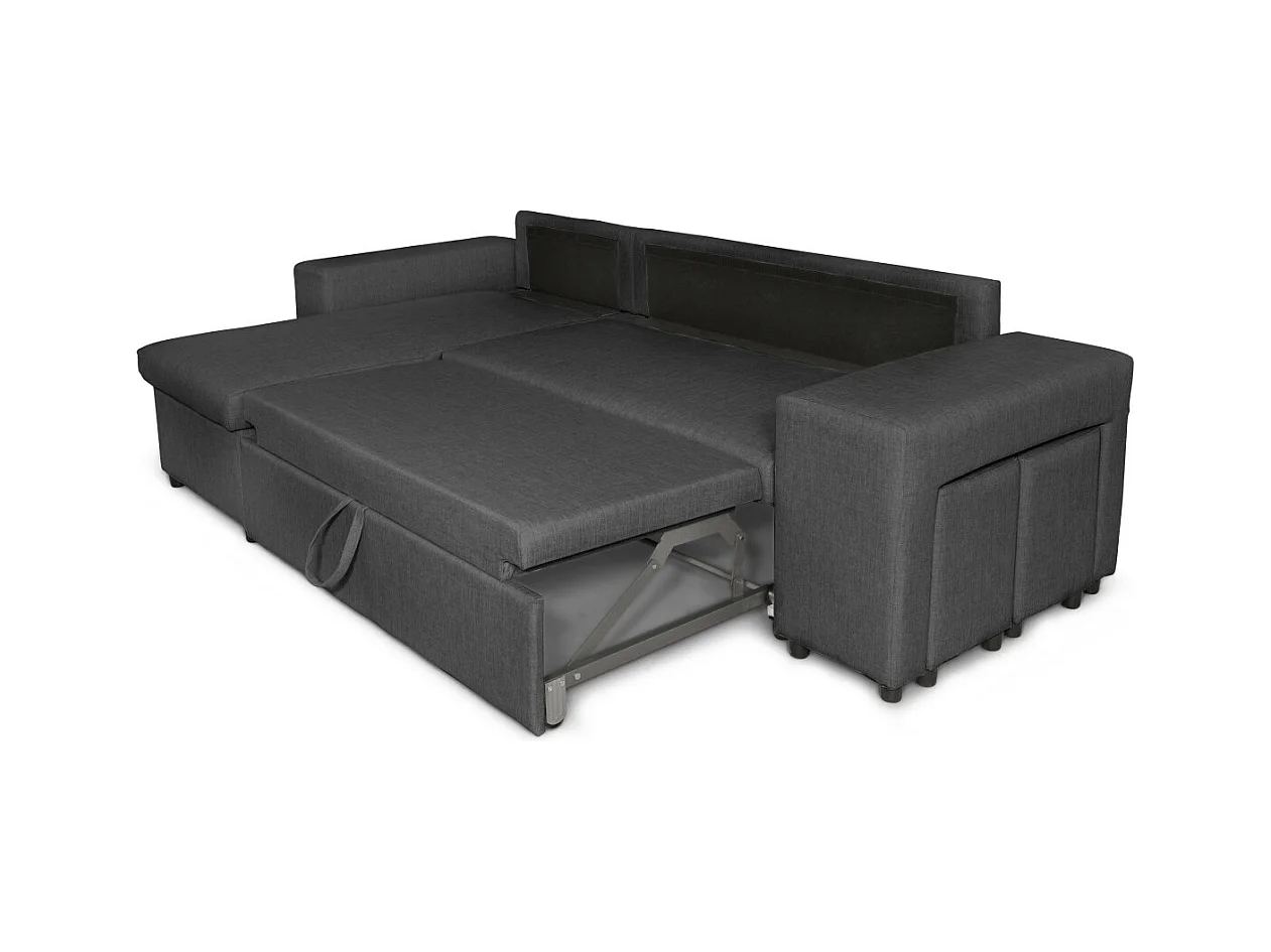 Canapé d'angle réversible Mady avec coffre accoudoir étagère et poufs droit en tissu- Gris anthracite - L254 x P146 x H81cm - Loungitude
