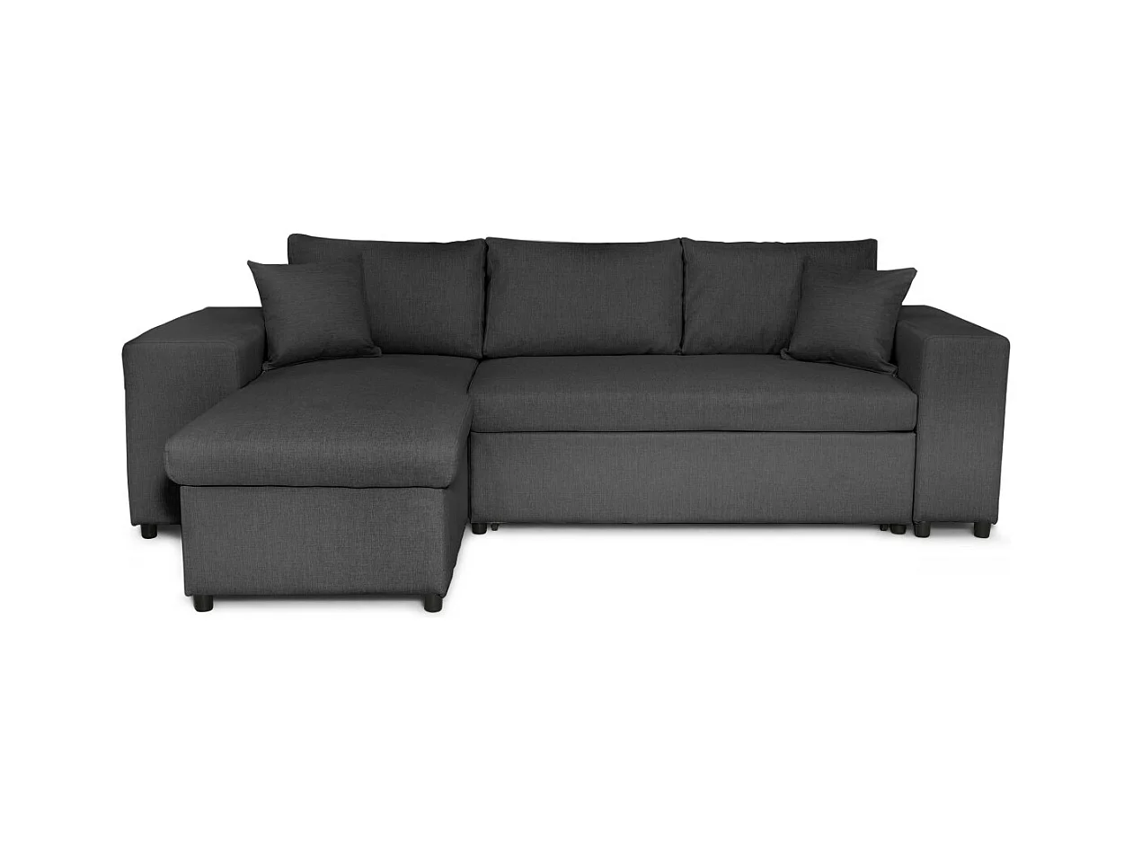 Canapé d'angle réversible Mady avec coffre accoudoir étagère et poufs droit en tissu- Gris anthracite - L254 x P146 x H81cm - Loungitude