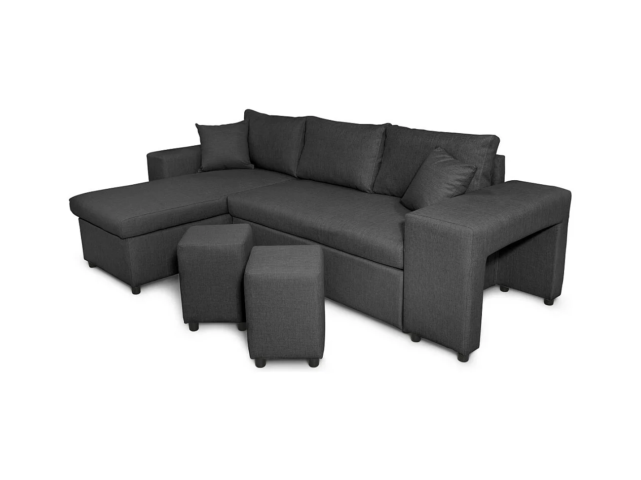 Canapé d'angle réversible Mady avec coffre accoudoir étagère et poufs droit en tissu- Gris anthracite - L254 x P146 x H81cm - Loungitude