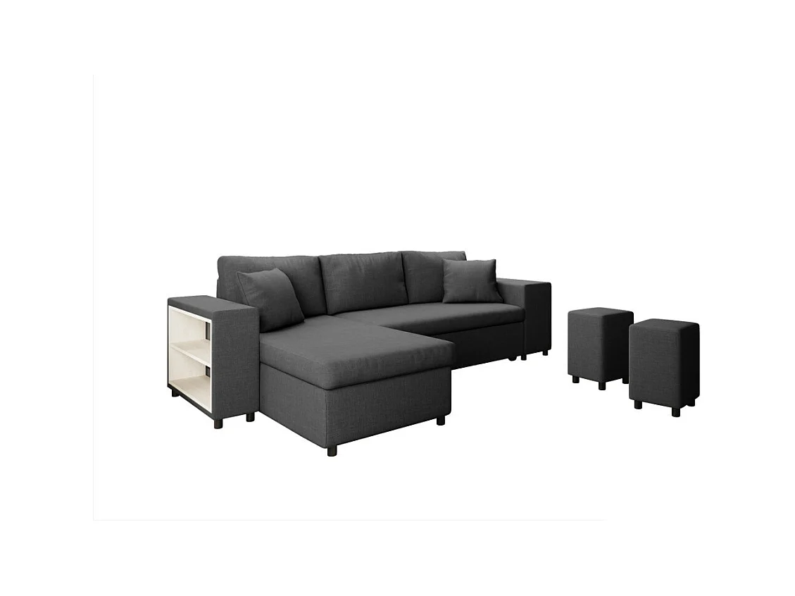 Canapé d'angle réversible Mady avec coffre accoudoir étagère et poufs droit en tissu- Gris anthracite - L254 x P146 x H81cm - Loungitude