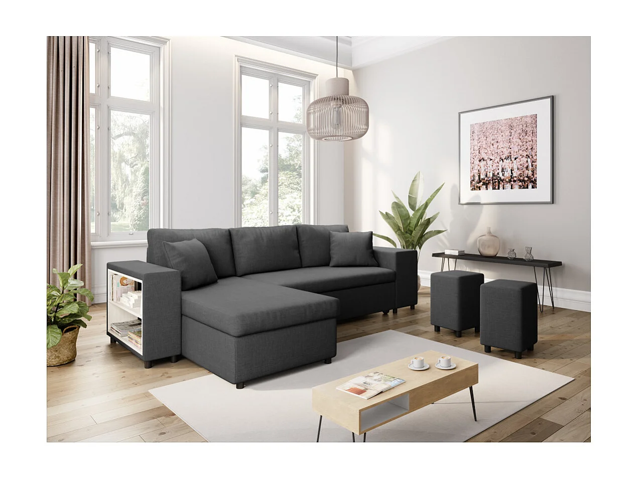Canapé d'angle réversible Mady avec coffre accoudoir étagère et poufs droit en tissu- Gris anthracite - L254 x P146 x H81cm - Loungitude
