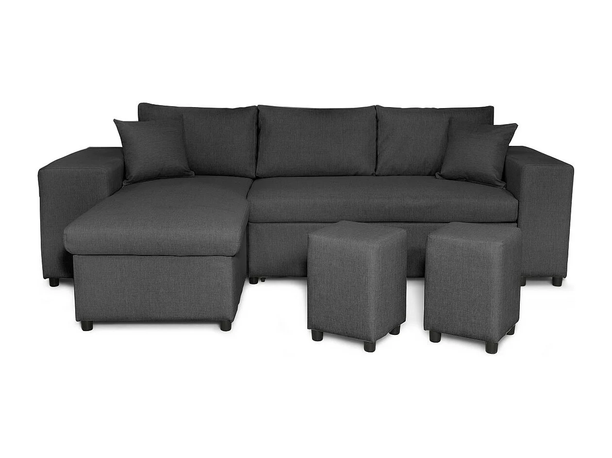Canapé d'angle réversible Mady avec coffre accoudoir étagère et poufs droit en tissu- Gris anthracite - L254 x P146 x H81cm - Loungitude