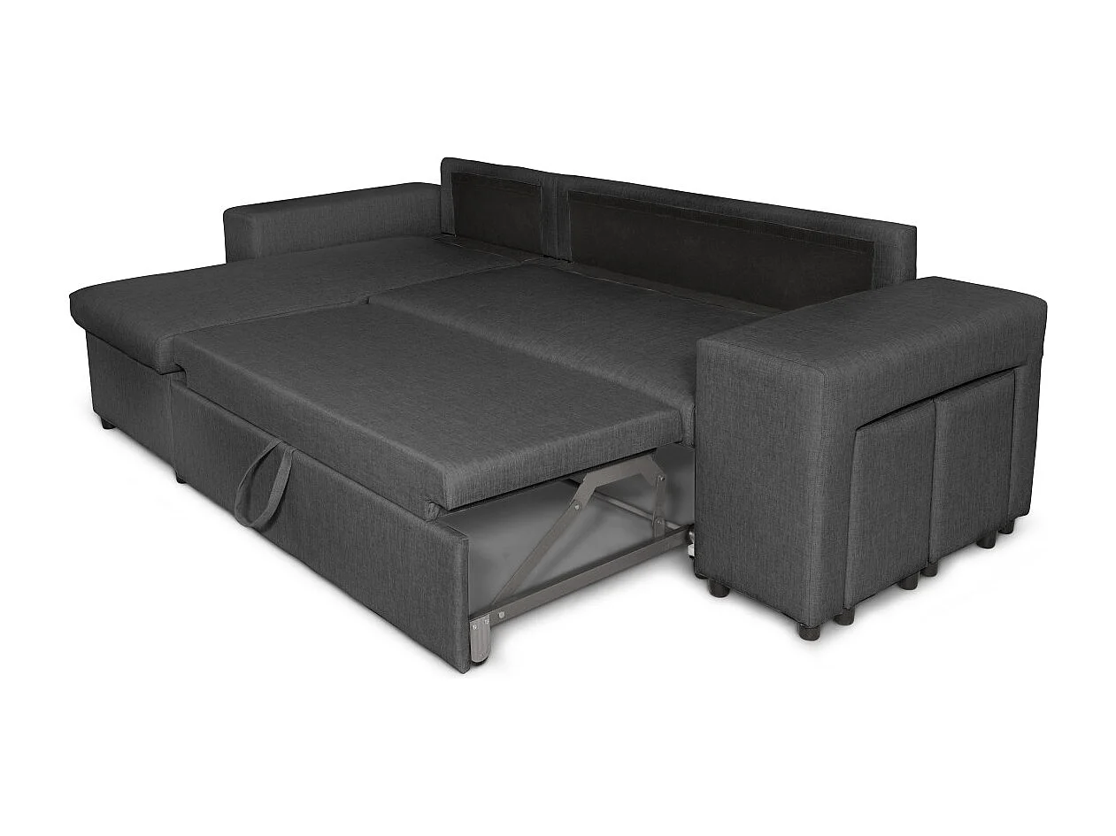 Canapé d'angle réversible Mady avec coffre accoudoir étagère et poufs droit en tissu- Gris anthracite - L254 x P146 x H81cm - Loungitude