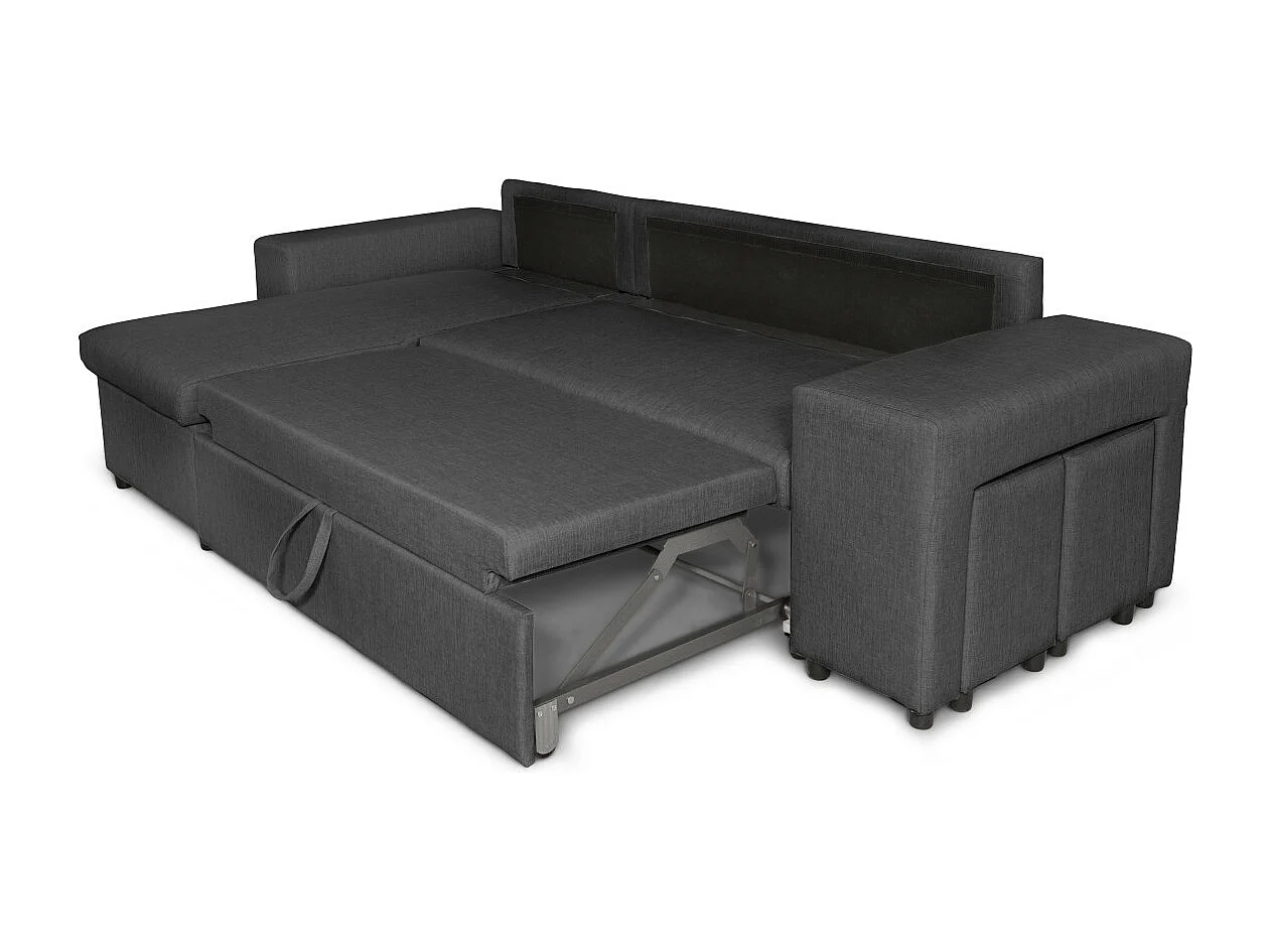 Canapé d'angle réversible Mady avec coffre accoudoir étagère et poufs droit en tissu- Gris anthracite - L254 x P146 x H81cm - Loungitude