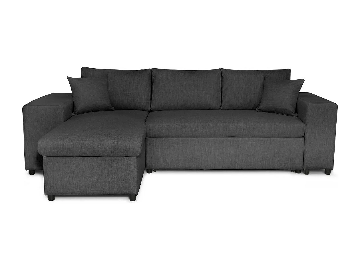 Canapé d'angle réversible Mady avec coffre accoudoir étagère et poufs droit en tissu- Gris anthracite - L254 x P146 x H81cm - Loungitude