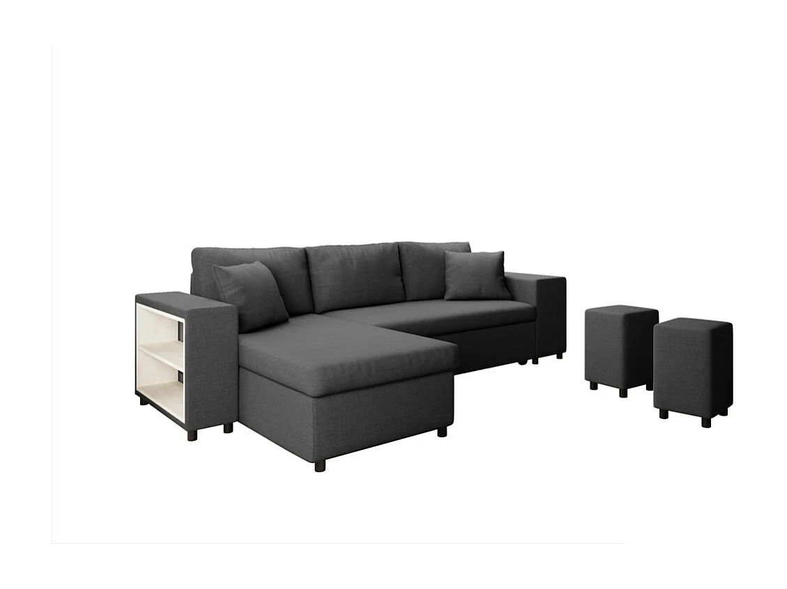 Canapé d'angle réversible Mady avec coffre accoudoir étagère et poufs droit en tissu- Gris anthracite - L254 x P146 x H81cm - Loungitude