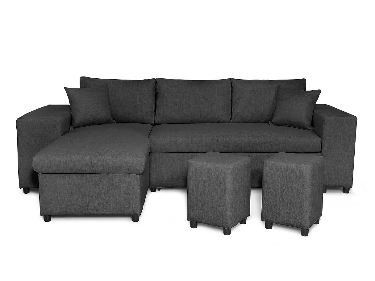 Canapé d'angle convertible 7 places avec pouf en tissu gris anthracite MADY