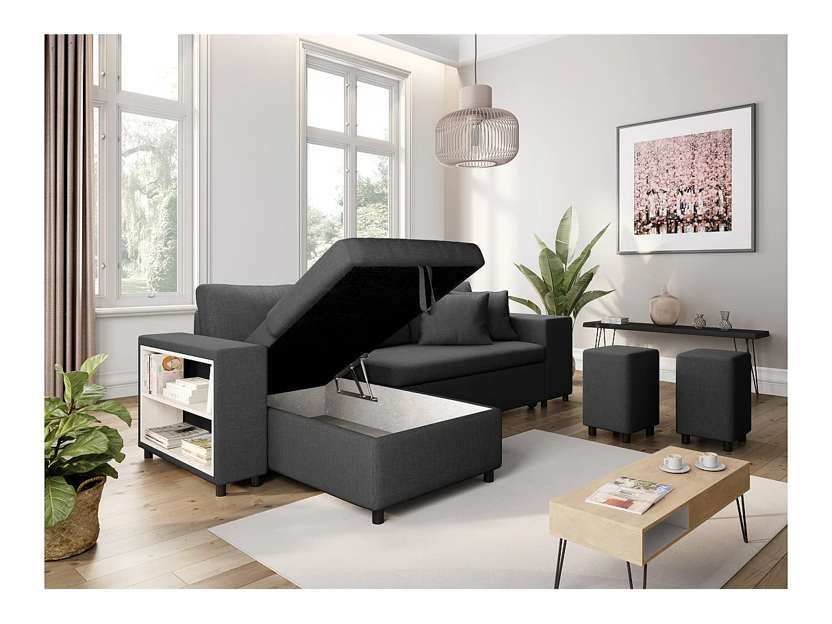 Canapé d'angle convertible 7 places avec pouf en tissu gris anthracite MADY