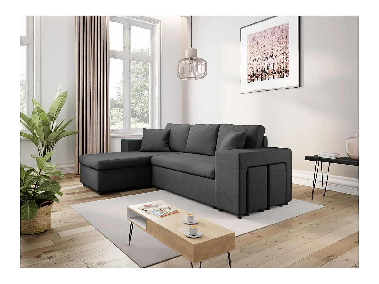 Canapé d'angle convertible 7 places avec pouf en tissu gris anthracite MADY