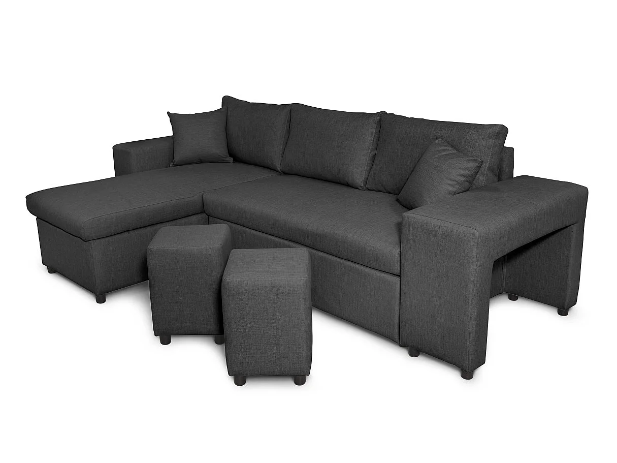 Canapé d'angle convertible 7 places avec pouf en tissu gris anthracite MADY
