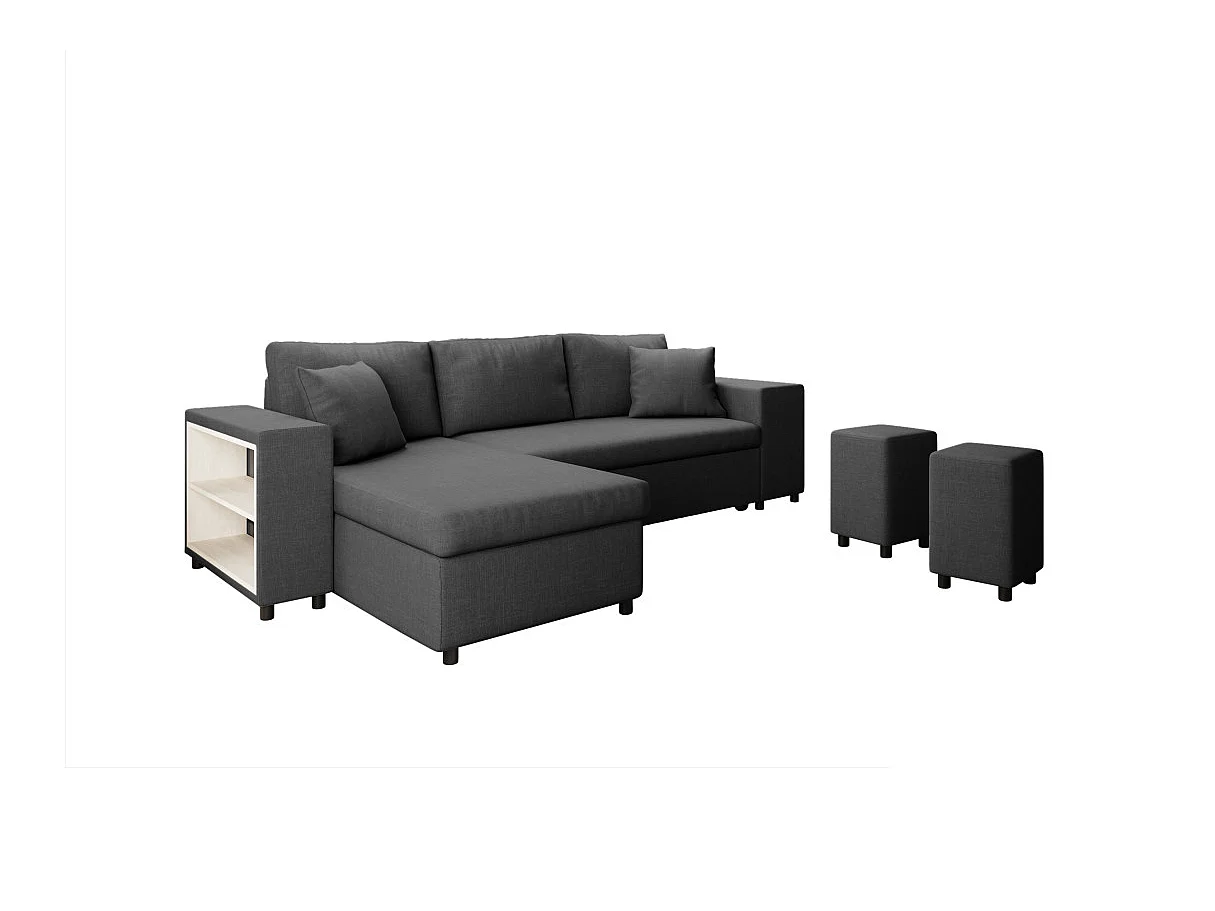 Canapé d'angle convertible 7 places avec pouf en tissu gris anthracite MADY