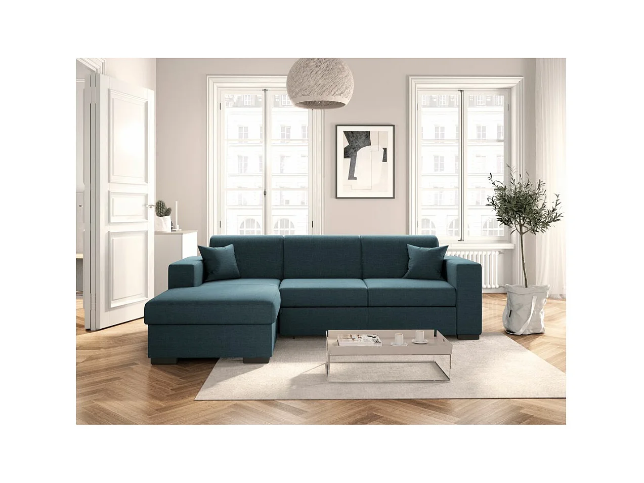 Canapé d'angle gauche 4 places Fuji XL convertible avec coffre en tissu - Bleu pétrole - L262 x 157 x 83cm - Loungitude
