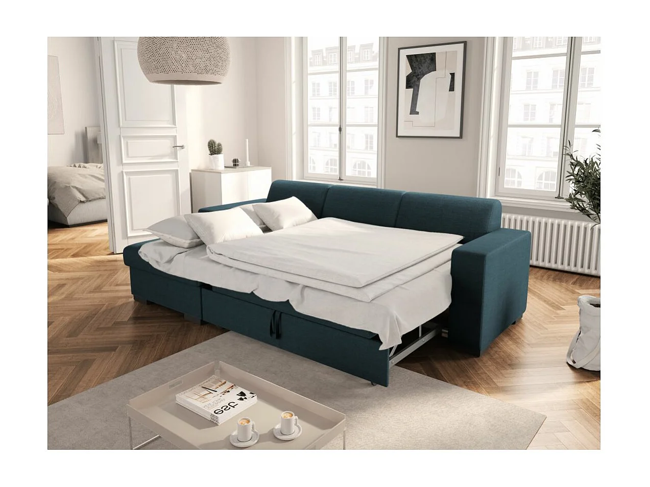 Canapé d'angle gauche 4 places Fuji XL convertible avec coffre en tissu - Bleu pétrole - L262 x 157 x 83cm - Loungitude