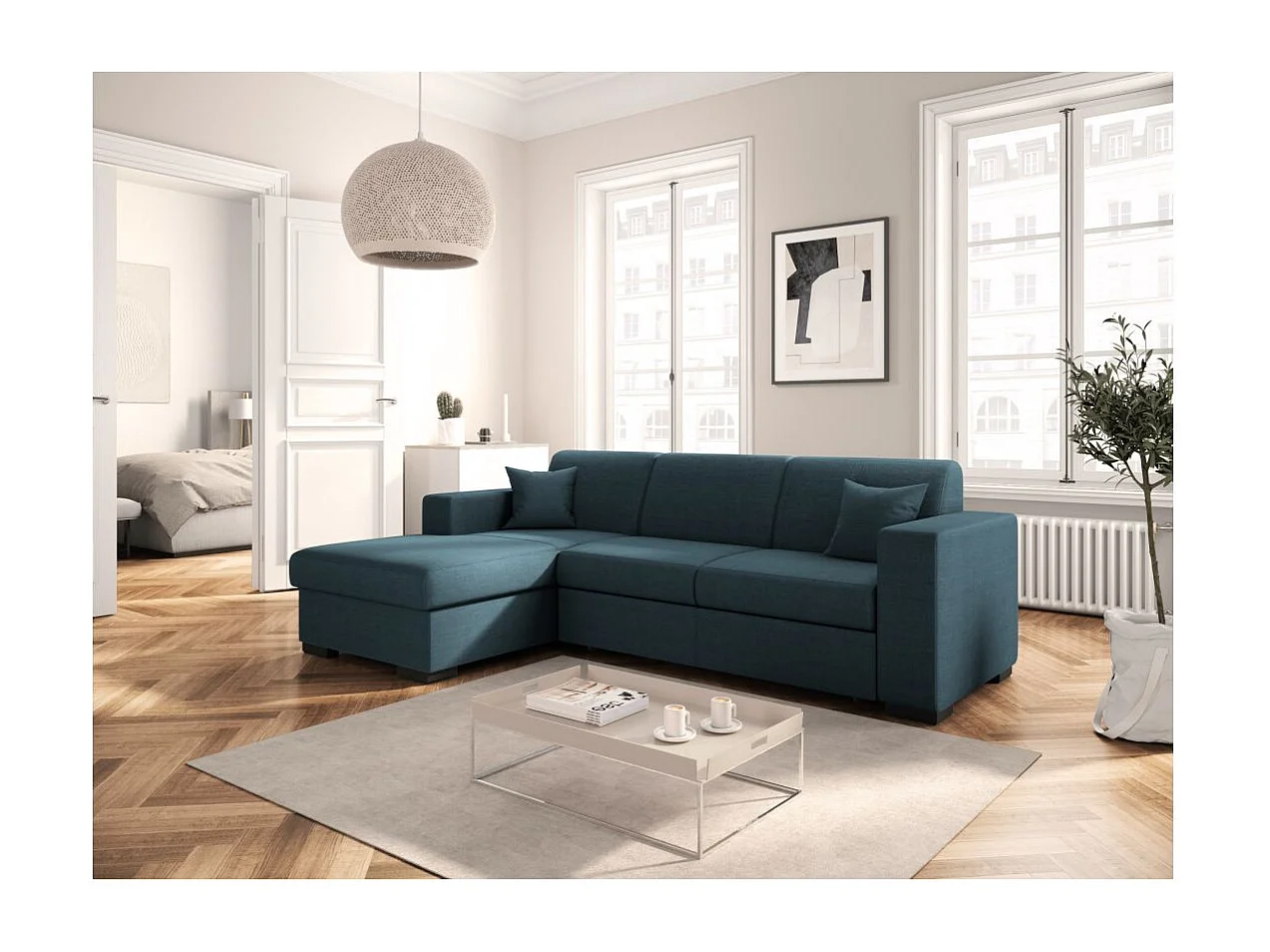Canapé d'angle gauche 4 places Fuji XL convertible avec coffre en tissu - Bleu pétrole - L262 x 157 x 83cm - Loungitude
