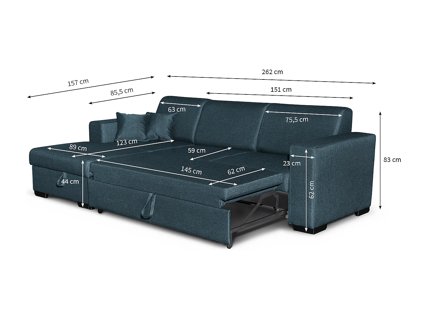 Canapé d'angle gauche 4 places Fuji XL convertible avec coffre en tissu - Bleu pétrole - L262 x 157 x 83cm - Loungitude