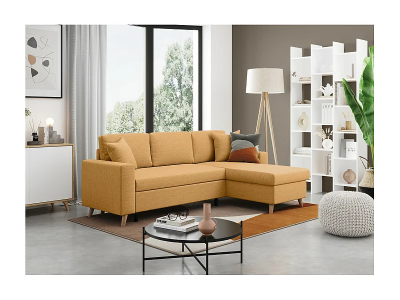 Canapé d'angle Maria scandinave Réversible et Convertible Avec Coffre en Tissu - Jaune ocre - L227 x 148 x 95cm - Loungitude