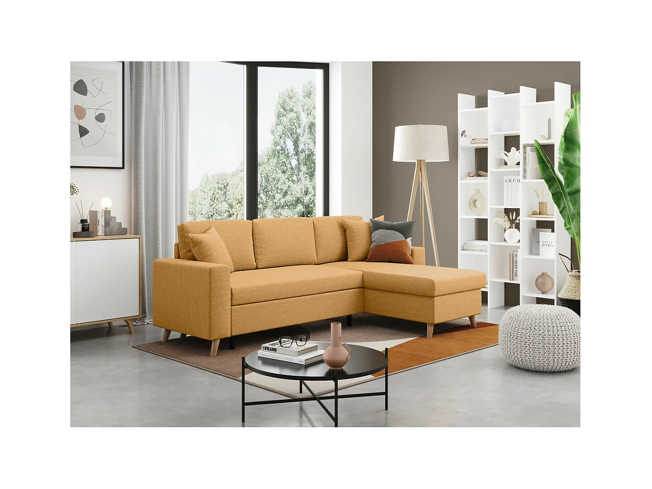 Canapé d'angle Maria scandinave Réversible et Convertible Avec Coffre en Tissu - Jaune ocre - L227 x 148 x 95cm - Loungitude