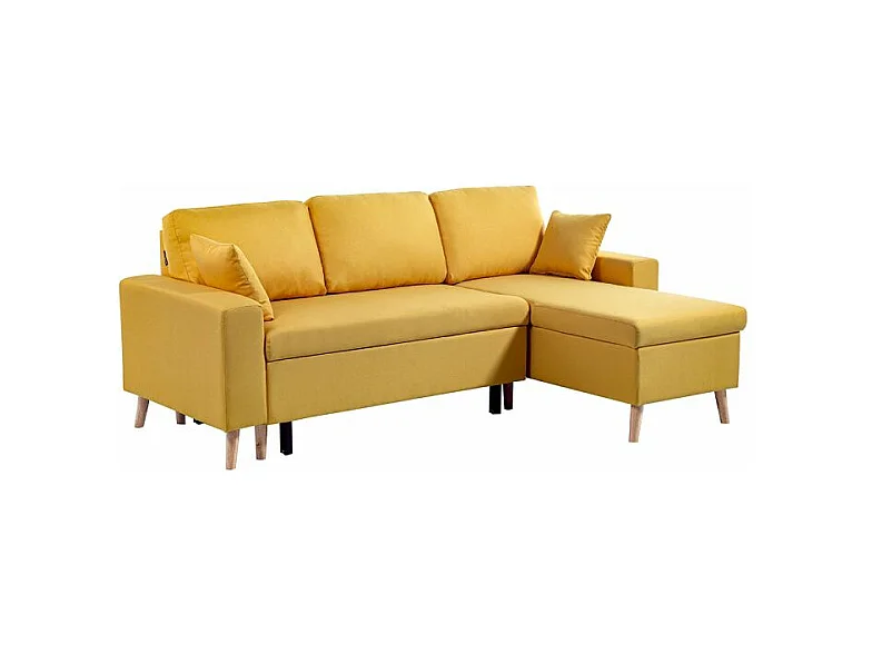 Canapé d'angle Maria scandinave Réversible et Convertible Avec Coffre en Tissu - Jaune ocre - L227 x 148 x 95cm - Loungitude