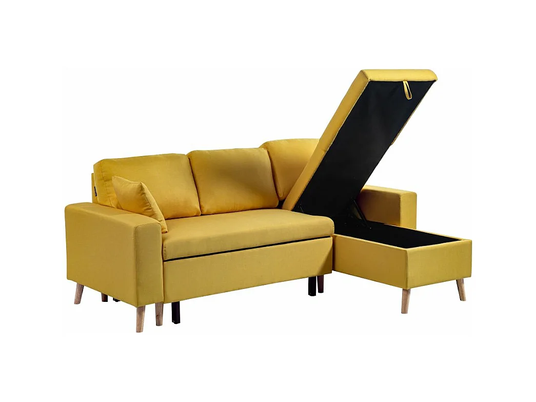Canapé d'angle Maria scandinave Réversible et Convertible Avec Coffre en Tissu - Jaune ocre - L227 x 148 x 95cm - Loungitude