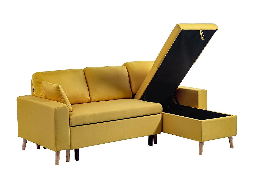Canapé d'angle Maria scandinave Réversible et convertible Avec Coffre en Tissu - Jaune ocre - L227 x 148 x 95cm - Loungitude