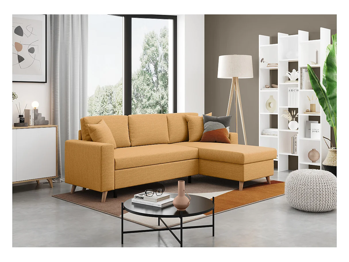 Canapé d'angle Maria scandinave Réversible et convertible Avec Coffre en Tissu - Jaune ocre - L227 x 148 x 95cm - Loungitude