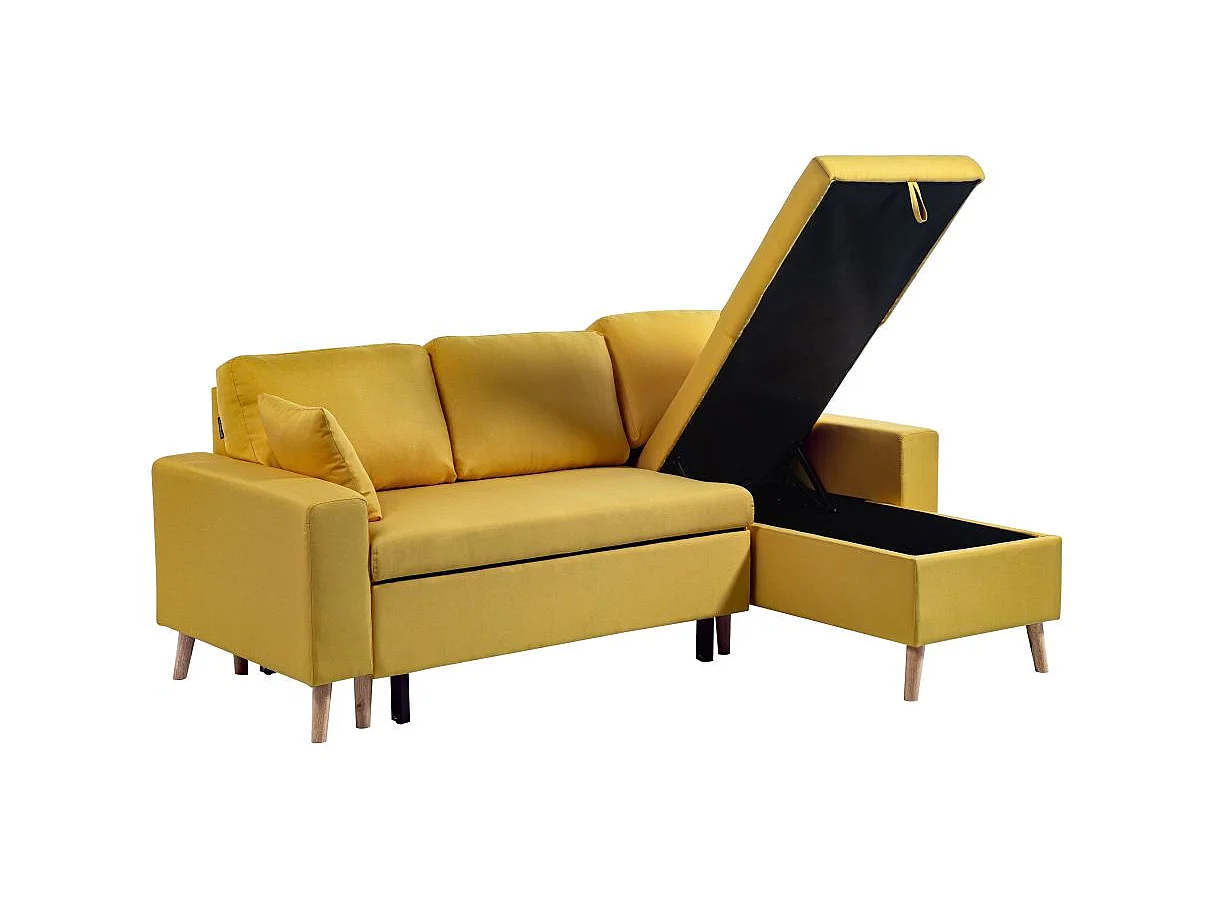 Canapé d'angle Maria scandinave Réversible et convertible Avec Coffre en Tissu - Jaune ocre - L227 x 148 x 95cm - Loungitude