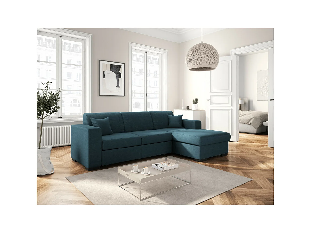 Canapé d'angle droit 4 places Fuji XL convertible avec coffre en tissu - Bleu pétrole - L262 x 157 x 83cm - Loungitude