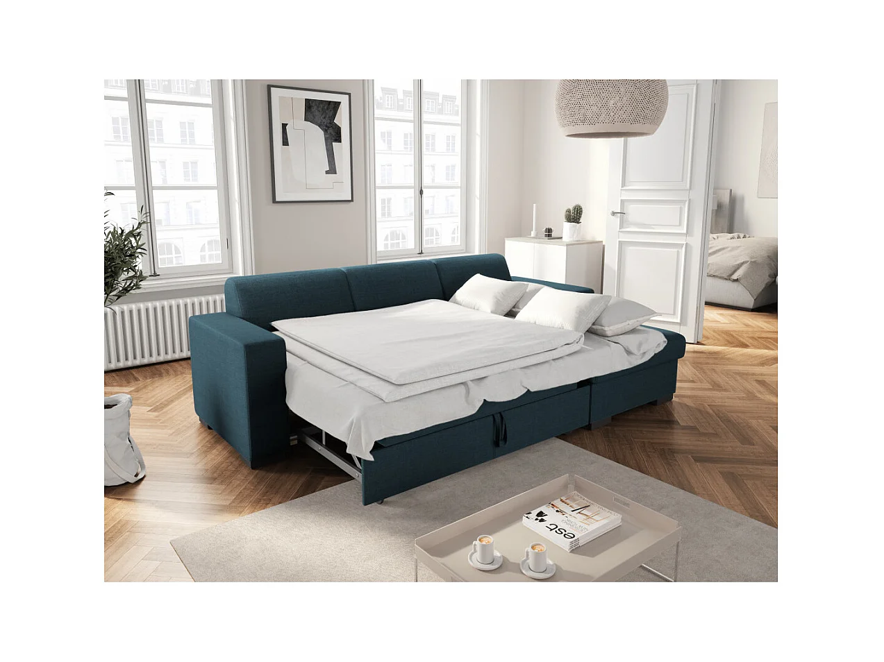 Canapé d'angle droit 4 places Fuji XL convertible avec coffre en tissu - Bleu pétrole - L262 x 157 x 83cm - Loungitude