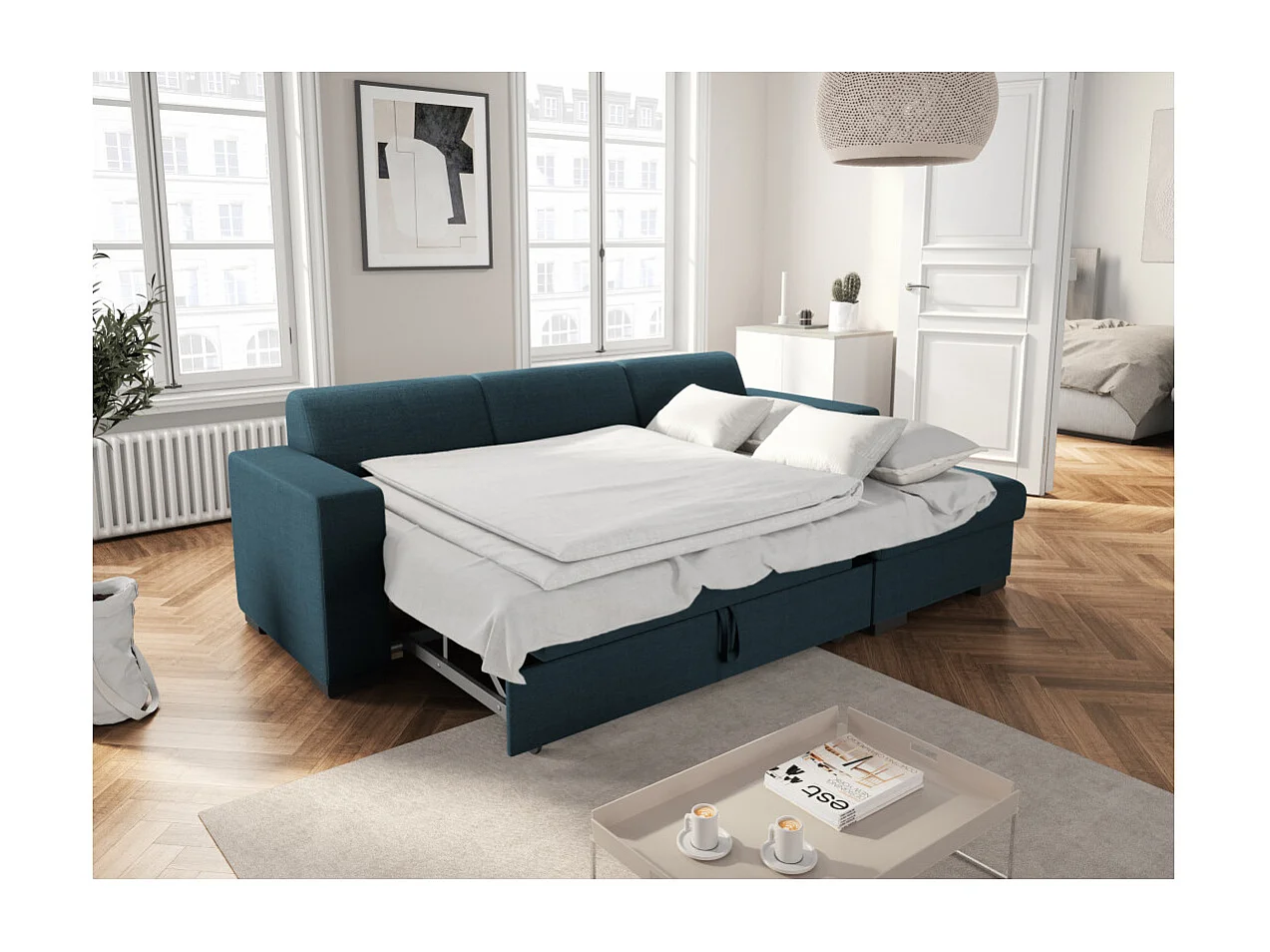 Canapé d'angle droit 4 places Fuji XL convertible avec coffre en tissu - Bleu pétrole - L262 x 157 x 83cm - Loungitude