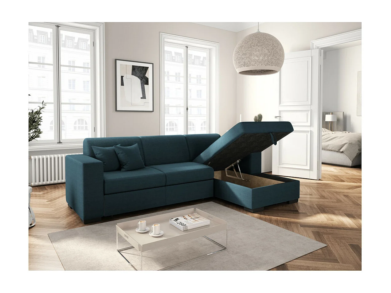 Canapé d'angle droit 4 places Fuji XL convertible avec coffre en tissu - Bleu pétrole - L262 x 157 x 83cm - Loungitude